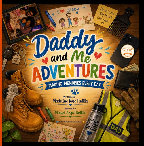 Book titled 'Daddy and Me Adventures' with various items on a wooden surface.